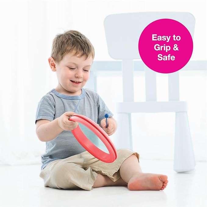 Edushape Classic Flat Drum for Baby with Easy-Grip Mallet - Set of 1 Red Color Baby Drum Toy for Toddlers, 2-Year Old and Up - Small Drums Musical Toy for Babies, Fun Tummy Time, Sensory Development