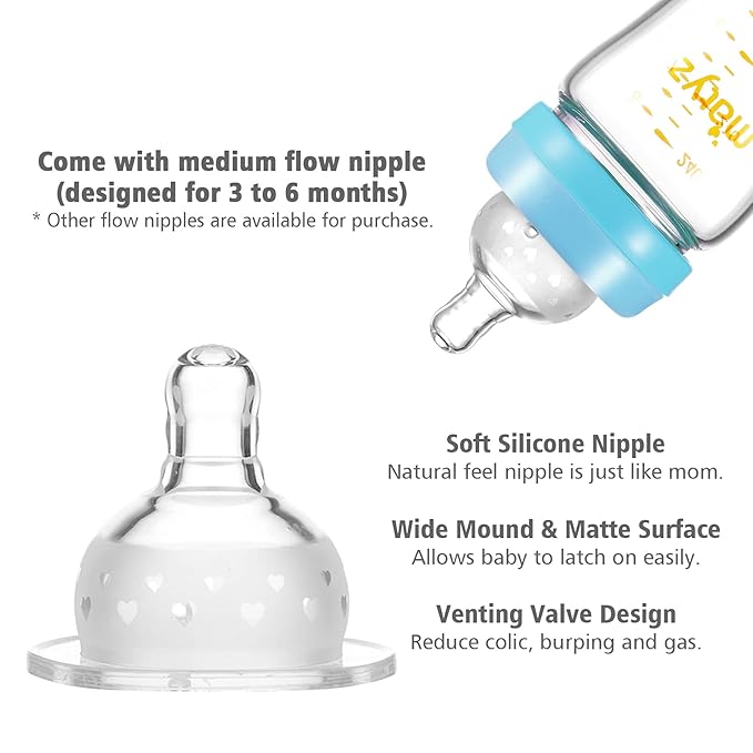Matyz 8 Ounce Glass Baby Feeding Bottle with Nipple, Light and Slim, Easy to Hold, Food Grade Borosilicate Glass, Wide Neck Breastmilk Feeding Bottle, Easy to Clean, No BPA (Blue Lids)