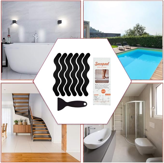 Patented Anti Slip Shower Stickers 24 PCS Safety Bathtub Strips Adhesive Decals with Premium Scraper for Bath Tub Shower Stairs Ladders Boats (Black)