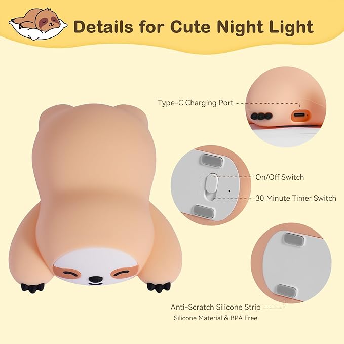 Cute Sloth Night Light for Kids, 3-Level Dimmable Nursery Nightlight, Silicone Squishy Light Up Sloth Gifts, Rechargeable Bedside Touch Lamp for Breastfeeding Toddler Baby Kids Decor