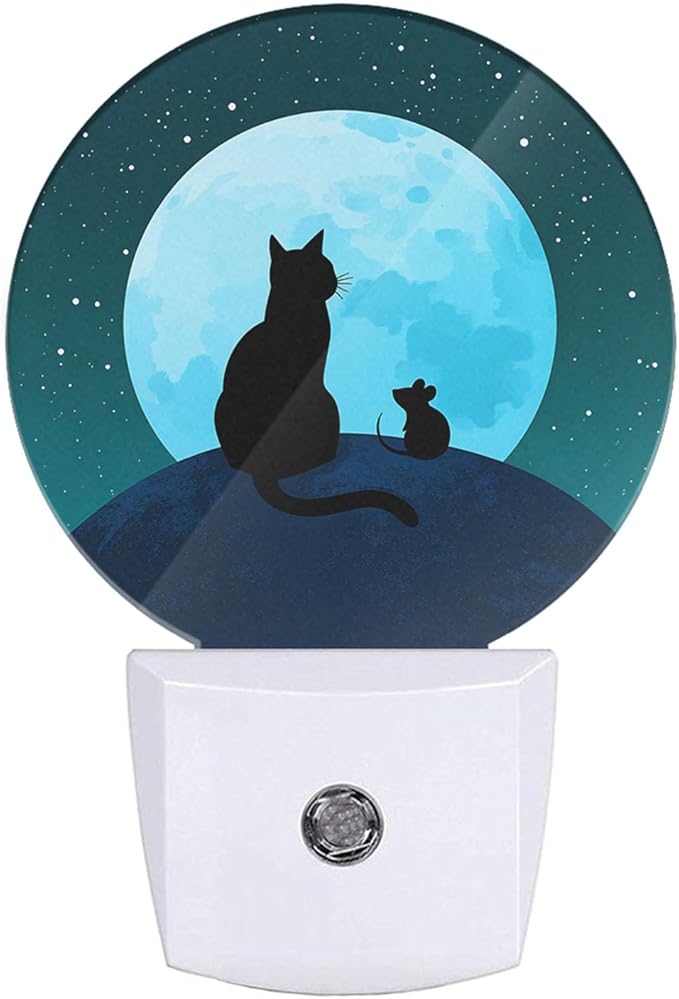EKOBLA Black Cat Night Lights Plug into Wall Cute Cat and Mouse Sit on The Moon Galaxy Stars LED Dusk to Dawn Plug-in Nightlights Auto Sensor for Home Indoor Boys Girls Bedroom Bathroom