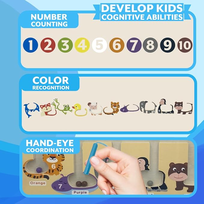 JDS Animal Color and Number Maze - Magnetic Wooden Puzzle Toy for Counting, and Color Recognition - Early Education Children’s Fine Motor Learning Activities