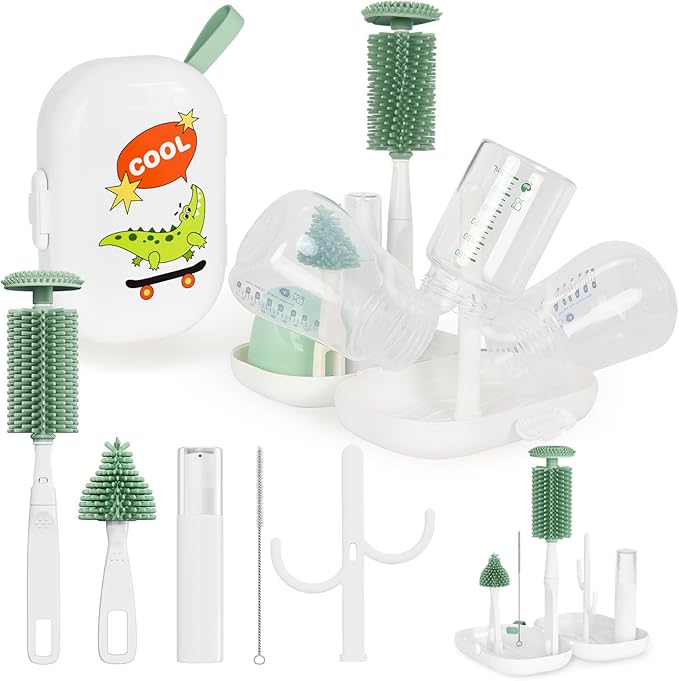 Portable 6 in 1 Travel Kit, Baby Travel Essentials, Bottle Brush Set, Silicone Brushes, Nipple & Straw Cleaner, Soap Dispenser, Storage Box & Drying Rack