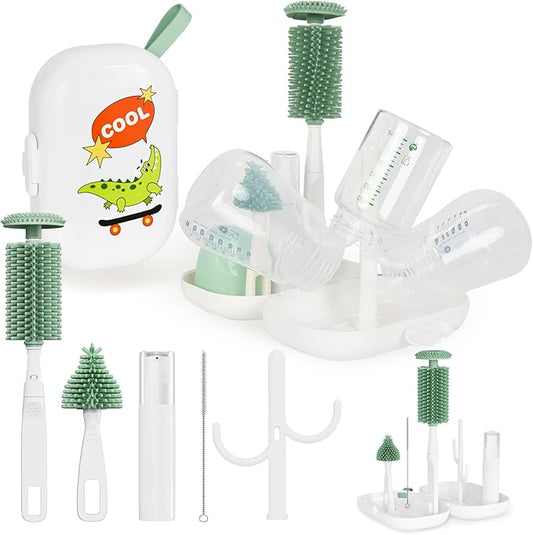 Portable 6 in 1 Travel Kit, Baby Travel Essentials, Bottle Brush Set, Silicone Brushes, Nipple & Straw Cleaner, Soap Dispenser, Storage Box & Drying Rack
