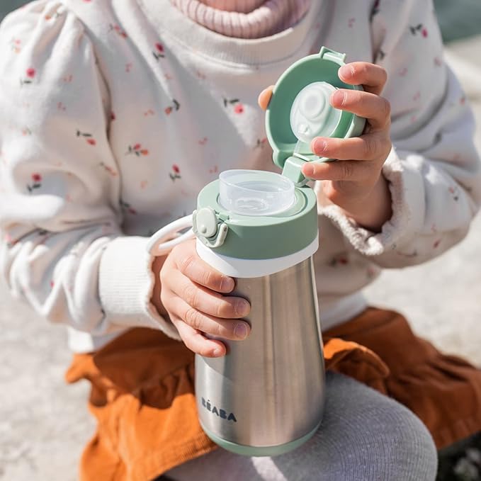 BEABA Kids Stainless Steel Insulated Water Bottle, Kids Water Bottle, Toddler Thermos with Spill Proof Spout and Close Top, Perfect for Travel, (Sage)