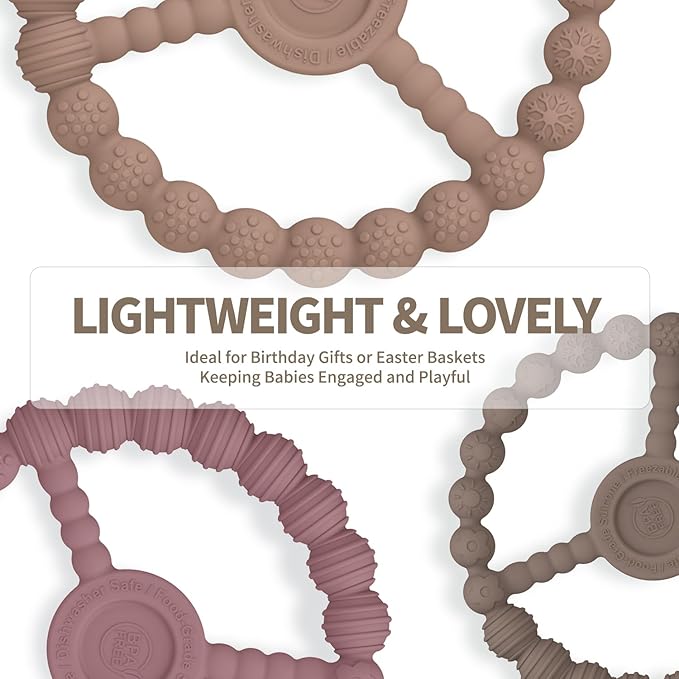 3 Pack Baby Teething Toys 3-6 Months, Silicone Ring Teethers for Babies 6-12 Months, Freezer Safe Chew Toy with Textured Grip for Boys Girls Teething Relief, Infant Easter Gift (Clay DustyRose Brown)