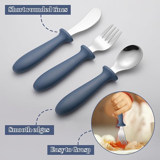 Pimoys 6 Pieces Toddler Utensils Forks,Spoons and Knives,Kids Silverware Set with Plastic Handle Stainless Steel Toddler Silverware,Dishwasher Safe