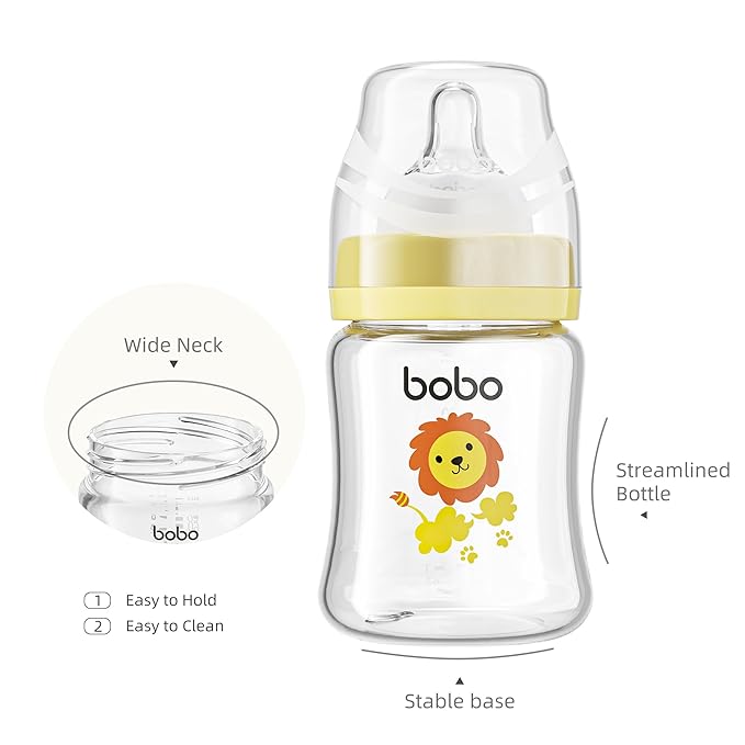 YOHKOH Glass Baby Bottles with Slow Flow Nipple, Newborn Anti-Colic Baby Bottles for 0+ Months, Wide Neck Feeding Bottle, Clear (Yellow, 5oz (Pack of 4))
