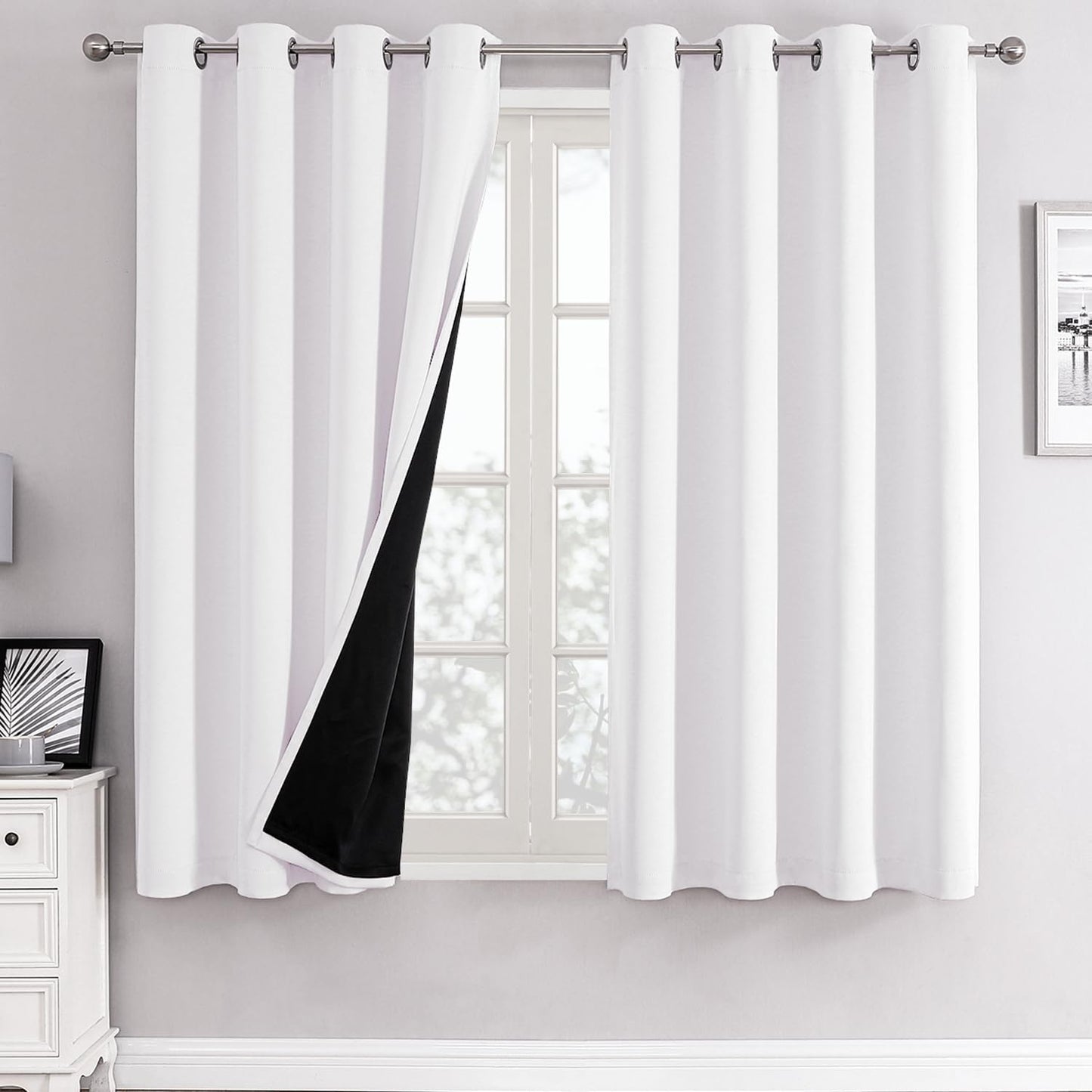 ChrisDowa White 100% Blackout Curtains for Bedroom with Black Liner, 2 Thick Layers Total Blackout Thermal Insulated Grommet Window Curtains 2 Panels Set (Pure White, 52 x 54 Inch)
