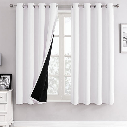 ChrisDowa White 100% Blackout Curtains for Bedroom with Black Liner, 2 Thick Layers Total Blackout Thermal Insulated Grommet Window Curtains 2 Panels Set (Pure White, 52 x 54 Inch)