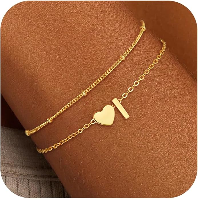 Gold Initial Bracelets for Women Girls - 14K Gold Plated Heart Initial Bracelet Teen Girl Gifts Trendy Stuff Dainty Gold Bracelets for Women Girls Trendy Jewelry Gifts