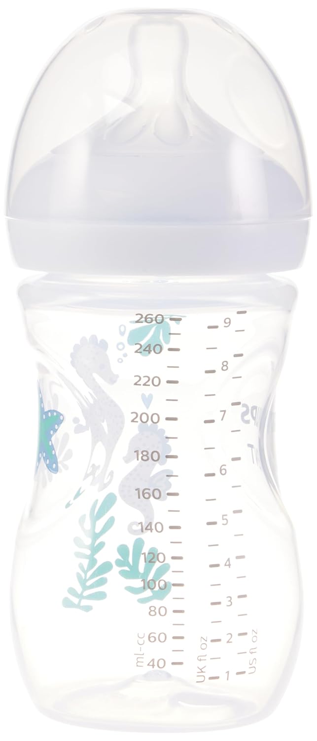 Philips Avent Natural Baby Bottles with Natural Response Nipples (Medium Flow, Flow 3), with Seahorse and Starfish Design, 9oz, 4-Pack, SCY903/68