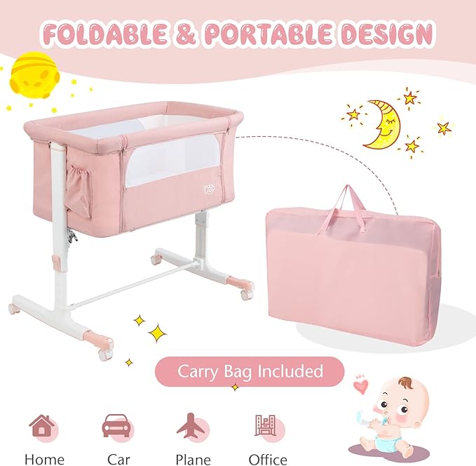 BABY JOY Bassinet Bedside Sleeper, 3 in 1 Folding Crib w/Adjustable Height, Mattress, Lockable Wheels, Storage Pocket & Carry Bag for Infant Newborn, Stationary & Rock, Portable Baby Bassinet (Pink)
