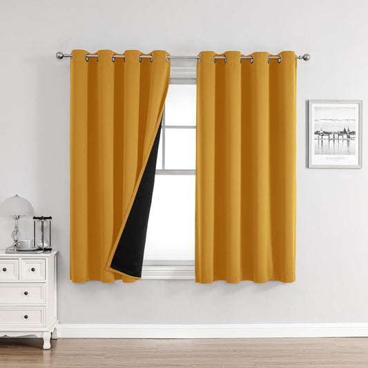 ChrisDowa 100% Blackout Curtains for Bedroom with Black Liner, 2 Thick Layers Total Blackout Thermal Insulated Grommet Window Curtains 2 Panels Set (Mustard Yellow, 52 x 63 Inch)