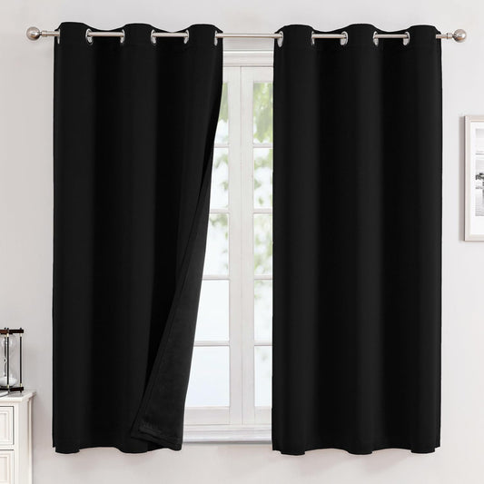 ChrisDowa 100% Blackout Curtains for Bedroom with Black Liner, 2 Thick Layers Total Blackout Thermal Insulated Grommet Small Window Curtains 2 Panels Set (Black, 42 x 54 Inch)