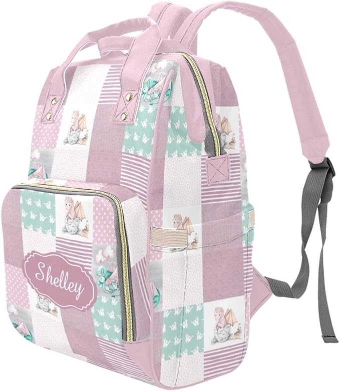 Custom Dragon Pink Baby Diaper Bag with Name – Personalized Nursing Travel Tote Backpack for Mom or Dad, Custom Name Baby Daypack Gift
