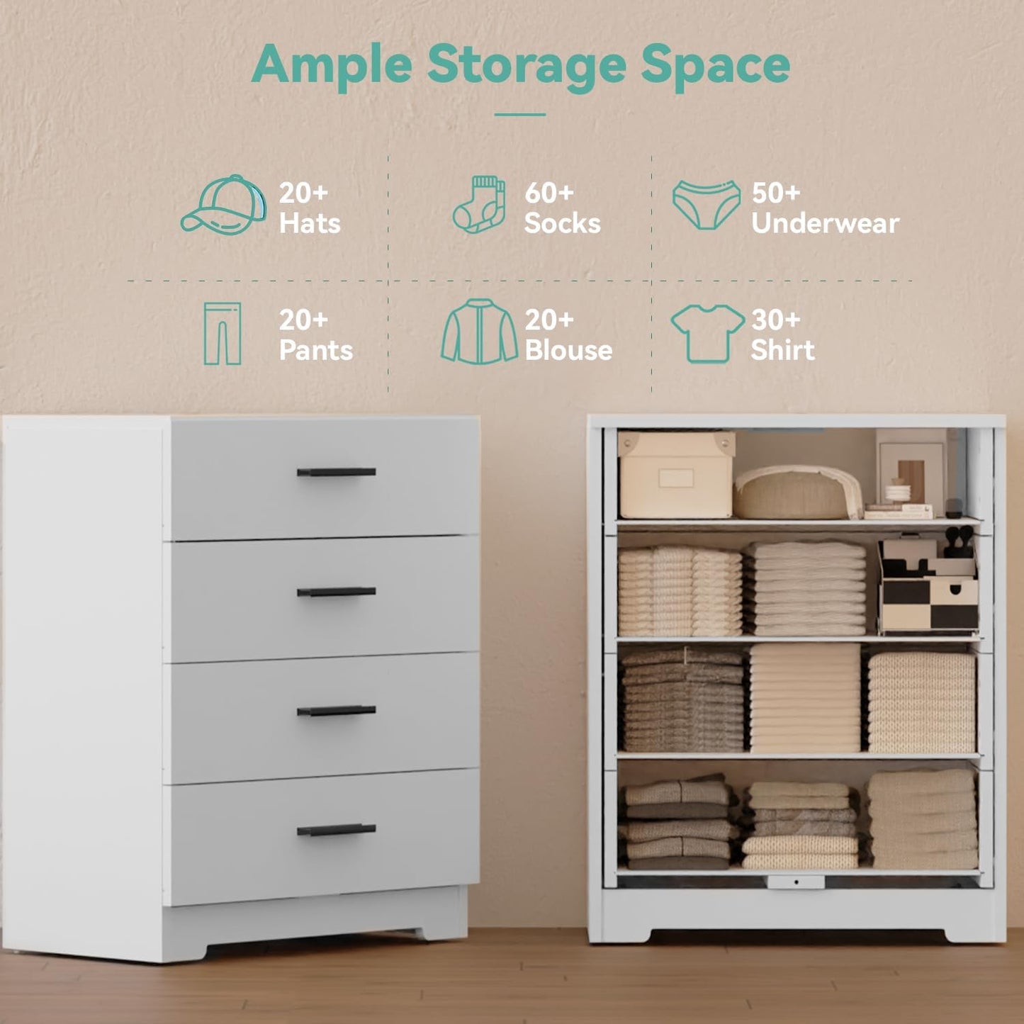 Dresser with Power Outlets Wooden 4 Drawer Dresser with USB and Type C Port Chest of Drawers for Bedroom Tall White Organizer Storage for Living Room Hallway Closet