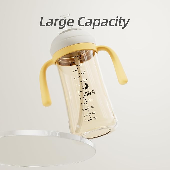 Piifur Sippy Cups for Toddlers 1-3 No Spill Straw with Handle Water Bottle 2 Pack 10 Ounce Green&Beige