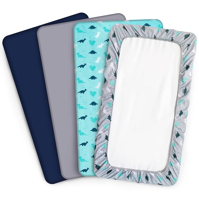 Mini Crib Sheets Set, 4 Pack - Portable Sheets (38" X 24") | Multiuse for Pack n Play, Playard, Playpen, Crib - Dinosaurs