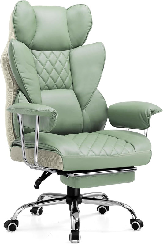 COMHOMA Big and Tall Office Chair, High Back Leather Gaming Chair with Footrest, Executive Ergonomic Office Chairs with Pocket Spring Lumbar Support and with Outward Fixed Soft Armrests