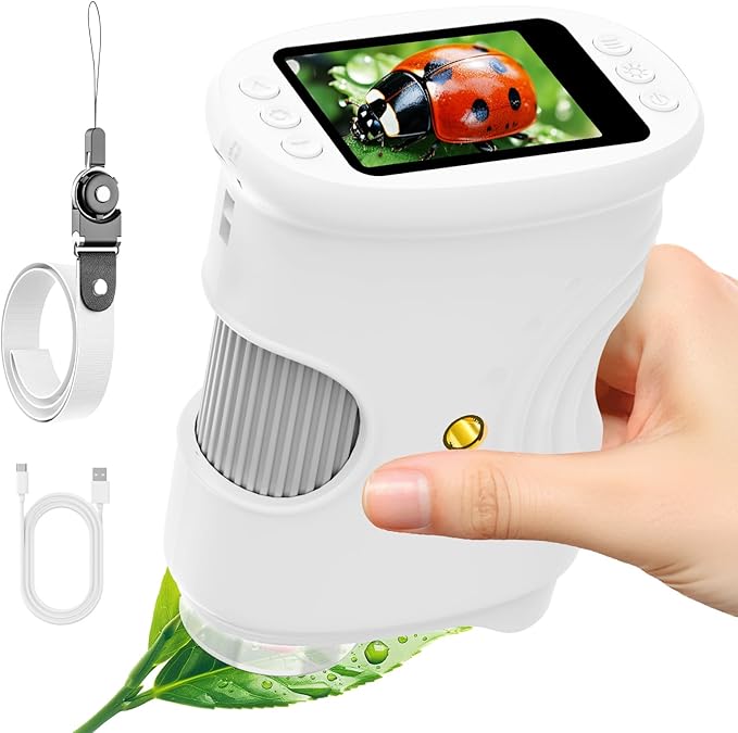 1000X Handheld Digital Microscope for Kids with 2.0" IPS Screen, Portable STEM Science Lab Toy, Rechargeable Pocket Microscope Educational Gift for Boys & Girls Age 4-6 8-12, White