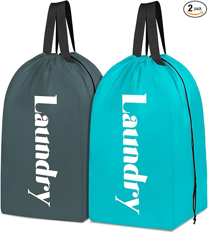 Sylfairy 2 Pack XL Laundry Bag with Strap,Heavy Duty Travel Laundry Bag,Rip-Stop Dirty Clothes Shoulder Bag with Drawstring,Easy Fit a Laundry Hamper or Basket Travel Essentials