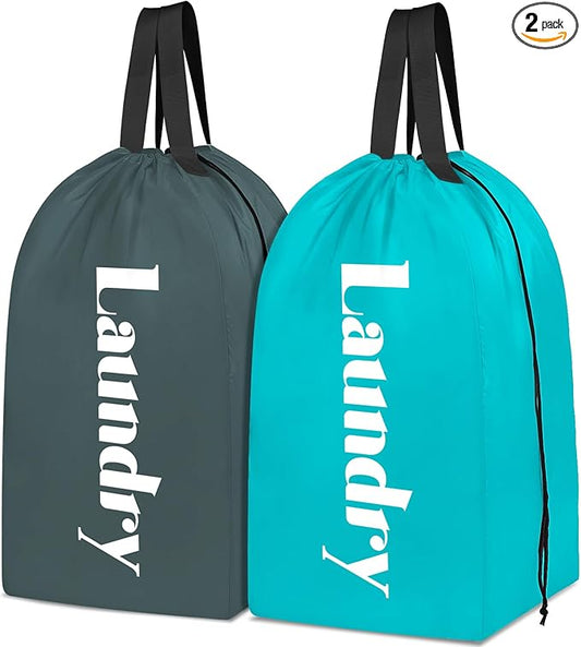 Sylfairy 2 Pack XL Laundry Bag with Strap,Heavy Duty Travel Laundry Bag,Rip-Stop Dirty Clothes Shoulder Bag with Drawstring,Easy Fit a Laundry Hamper or Basket Travel Essentials