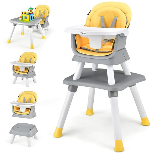 KOTEK Baby High Chair, 8 in 1 Convertible Highchairs for Babies and Toddlers, Building Block Table, Booster Seat, Toddler Chair with Removable Tray, Safety Harness, Dual Cushions (Yellow)