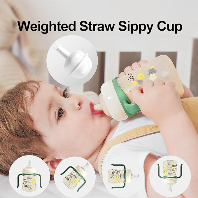 PPSU No Spill Sippy cups,Weighted Straw Toddler Water Bottle with Handle,Spill Proof Toddler Cup with Leakproof Spout for Baby 6-12 Months and Toddlers 1-3 (8 Ounce, Green, 1 Pack)