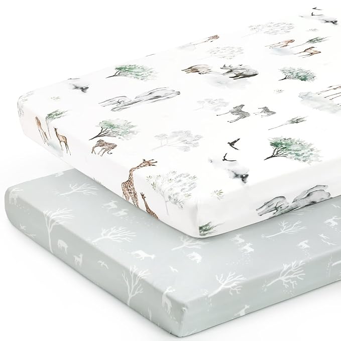 GRSSDER Ultra Soft Pack and Play Sheets, Stretchy Jersey Knit Pack n Play Sheets Fitted 2 Pack, Universal Fitted Portable/Mini Crib Mattresses Safe and Snug, Pretty African Savannah Animals