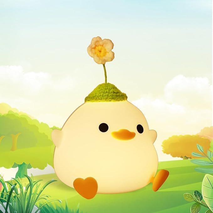 Attivolife Cute Duck Night Light, Animal Soft Silicone LED Lamp with Dimmable and Timer, Portable USB Rechargeable Bedroom Bedside Table Decor, Birthday Christmas Gifts for Girl Boy (Flower Hat)