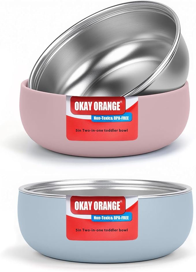 Non-Toxic Toddler Bowls with Non-Slip Base | Stainless Steel Baby Bowls for Kids | 5 Inch BPA-Free Dishwasher Safe Bowls | Mess-Free Feeding Supplies | 2-Pack Set