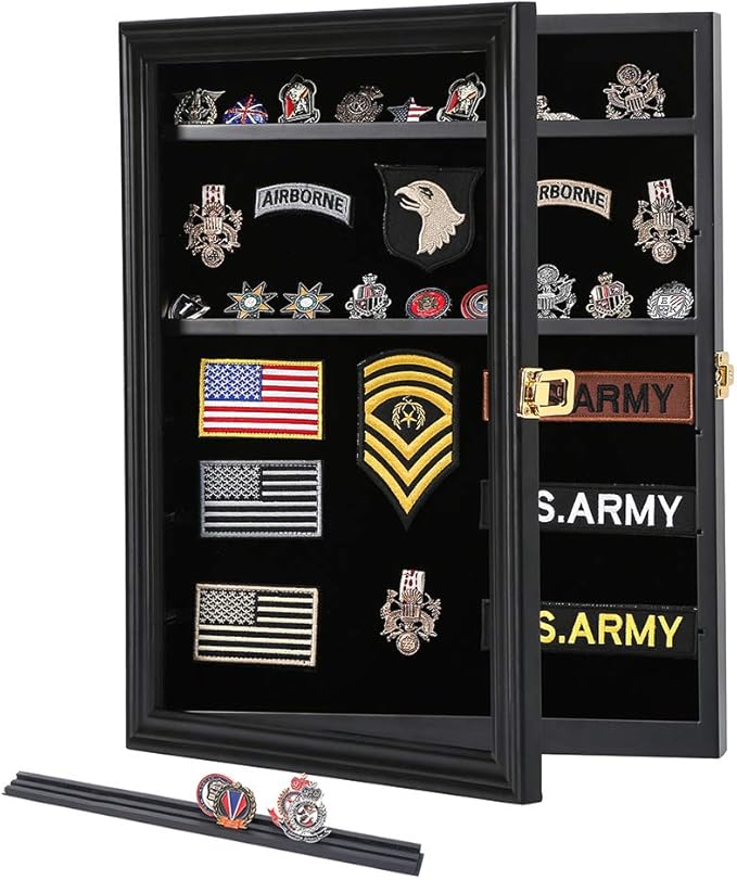 Military Challenge Coin Medals Pins Collector Display Case Lockable Wall Frame Wood Cabinet Black Shadow Box with Removable Shelves and Pinnable Background for Badges Patches Insignia Ribbons Brooches