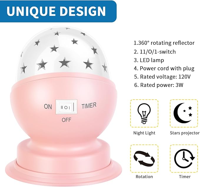 Star Night Light for Kids, 360° Rotating Starry Ceiling Projector for Kid’s Bedroom with Timer, 3000K,Pink,1 Pack