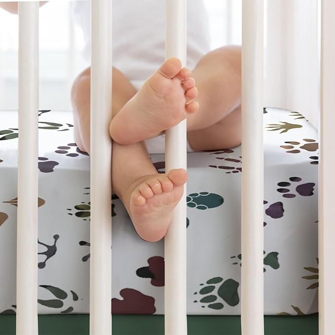 Cute Animals Tracks Baby Crib Sheets 52''x28'' Animals Footprint Snug Fitted Crib Mattress Cover for Boy Girl Wild Animals Soft Baby Bed Sheets for Standard Crib and Toddler Mattresses