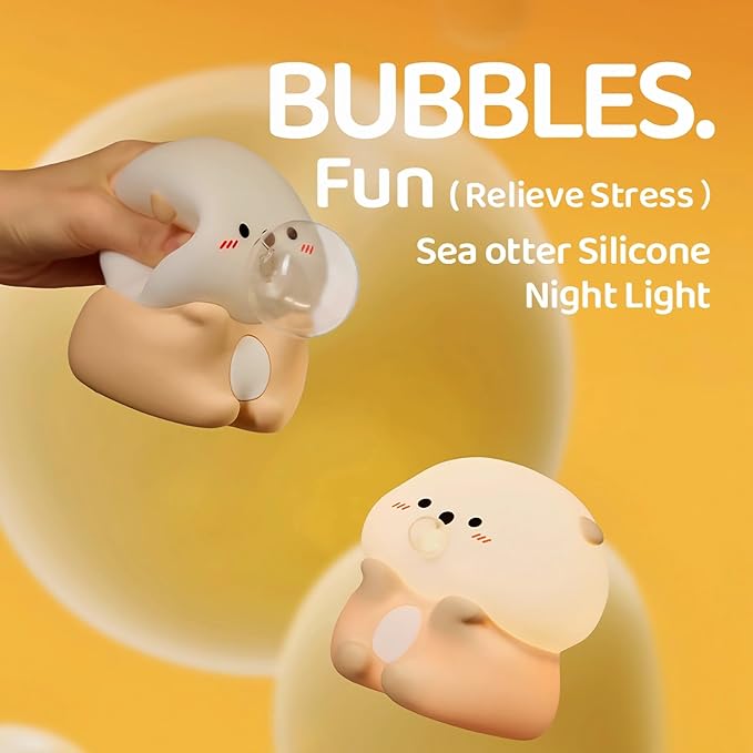 Bubble Blowing Otter Night Light, 3-Level Dimmable USB Rechargeable Lamp with Timer, Soothing Animal Toy for Nursery Bedroom Dorm Decor, Gift for Boys Girls Teens Adults