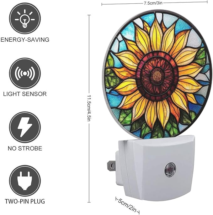Round LED Night Lights Lamp with Dusk to Dawn Sensor, Yellow Sunflower in The Center Night Light Plug Into Wall for Kids Room, Bedroom, Bathroom, Kitchen, Hallway