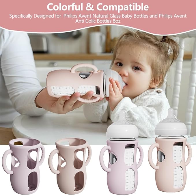 2 Pack Silicone Sleeves for Avent Natural Glass Bottles, Anti Breakage Baby Bottle Protector with Easy-Grip Handle, Compatible Philips Avent Glass Natural Bottle 8 oz, Not for Infant Use