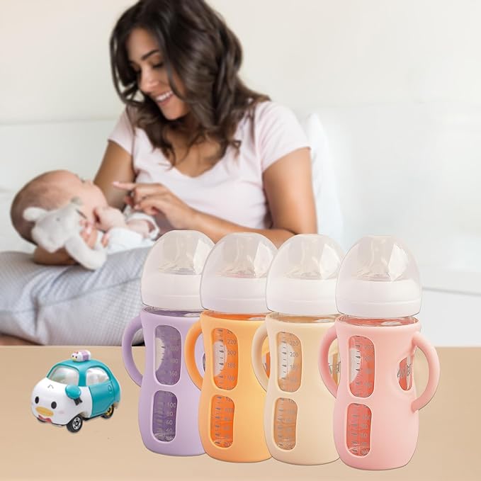4 Pack Silicone Sleeves for Avent Natural Glass Baby Bottles, Anti Breakage Bottle Holder, Compatible with Philips Avent Glass Natural Baby Bottles (Apricot+Pink+Purple+Orange, 8 OZ)