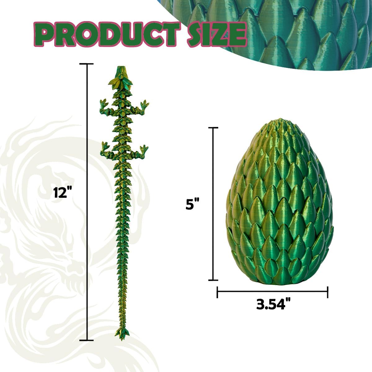 Dragon Eggs with Dragon Inside, 12In Laser Gold Green 3D Printed Dragon Egg Fidget Toy, Executive Desk Articulated Dragon Toy, Home Office Decor