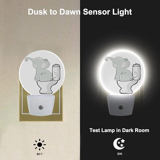 EKOBLA Cute Elephant Night Light African Safari Animal Elephant Sitting on Toilet Night Lights Plug into Wall for Girls Boys Bedroom Bathroom Led Decorative Nightlight Home Decor