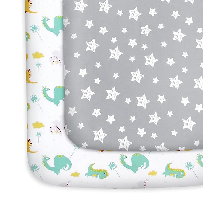 Pack and Play Sheets, 2 Pack Mini Crib Sheets, Stretchy Playard Fitted Sheet, Compatible with Graco Pack n Play, Soft and Breathable Material, Dinosaur and Grey Star