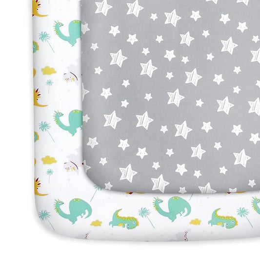 Pack and Play Sheets, 2 Pack Mini Crib Sheets, Stretchy Playard Fitted Sheet, Compatible with Graco Pack n Play, Soft and Breathable Material, Dinosaur and Grey Star