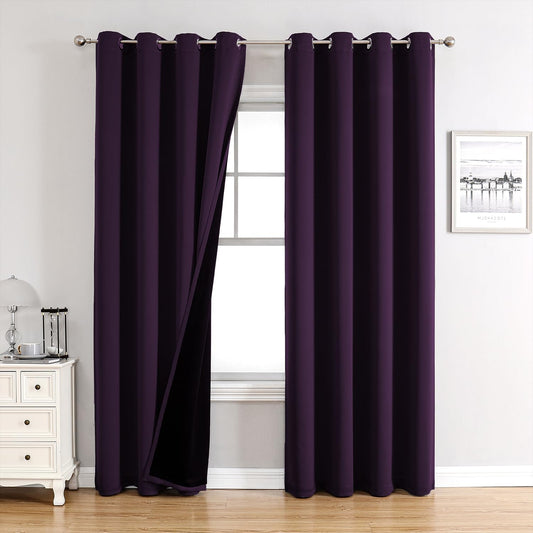 ChrisDowa 100% Blackout Curtains 80 inch Long for Bedroom with Black Liner, 2 Thick Layers Total Blackout Thermal Insulated Grommet Window Curtains 2 Panels Set (Royal Purple, 52 x 80 Inch)