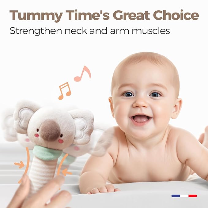 Evoceler 2 PCS Koala Rattles & Shaker Toys with Embroidered Details, Wooden Teething Ring Baby Toys, BPA-Free Sensory Toys for 0-3-6-12 Months, Squeaky Infant Toy, Ideal Baby Shower Boy Girl Gift