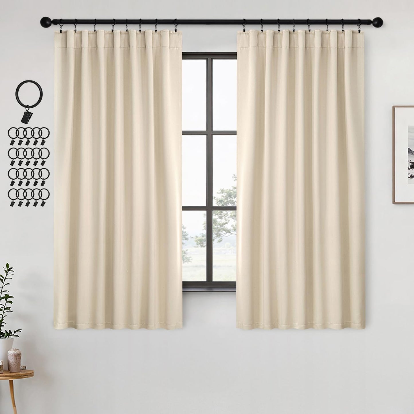 ANRODUO Back Tab Blackout Curtains for Bedroom Living Room, Rod Pocket Pinch Pleated Thermal Insulated Room Darkening Curtains 54 Inches Long 2 Panels, Cream Beige, 42 x 54 Inch