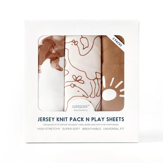 GRSSDER Fitted Pack N Play Sheets 3 Pack, Stretchy Ultra Soft Jersey Knit Portable/Mini Crib Sheets, Universal Fit for Pack N Play Pads Safe and Snug, Stylish Playard Sheets for Boys and Girls