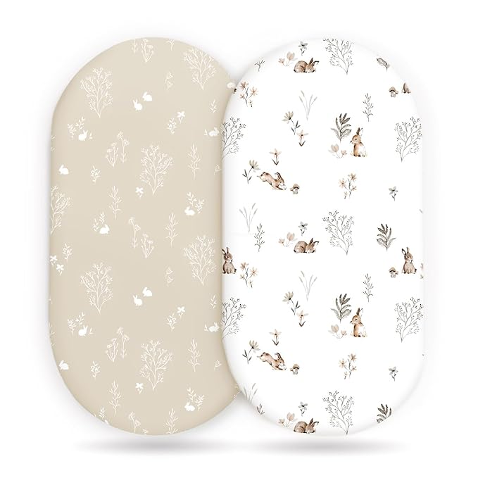GRSSDER Stretch Ultra Soft Fitted Bassinet Sheet Set 2 Pack, Universal Fit for Bassinets Baby Cradle Moses Basket Oval Rectangle Mattress Safe and Snug, Stylish Watercolor Rabbit Pattern