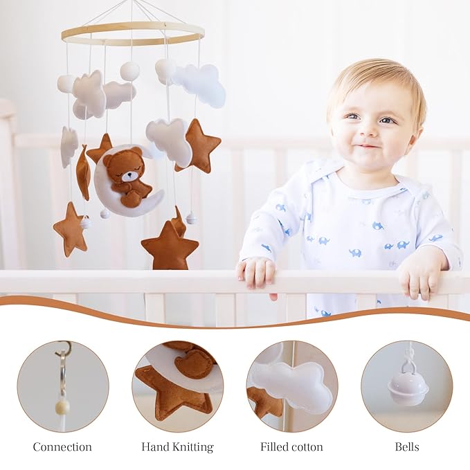 Baby Crib Mobile - Bear Mobile for Crib, Felt Cloud Nursery for Boys and Girls, Baby Bassinet Mobile Toy - Shower Set for Infant Bedroom Hanging Decoration