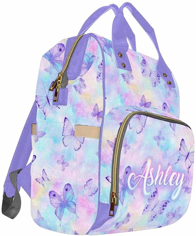 Custom Baby Bag Shoulders Bag Personalized Diaper Bags Mommy Daypack Customized Backpack Multifunction Mommy Diaper Bag Personalized Name Bag, Rainbow Butterflies